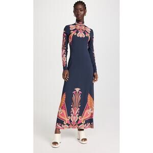 LA DOUBLEJ Navy Paisley Gold Pendant High Neck A-Line Halle Dress Size XS